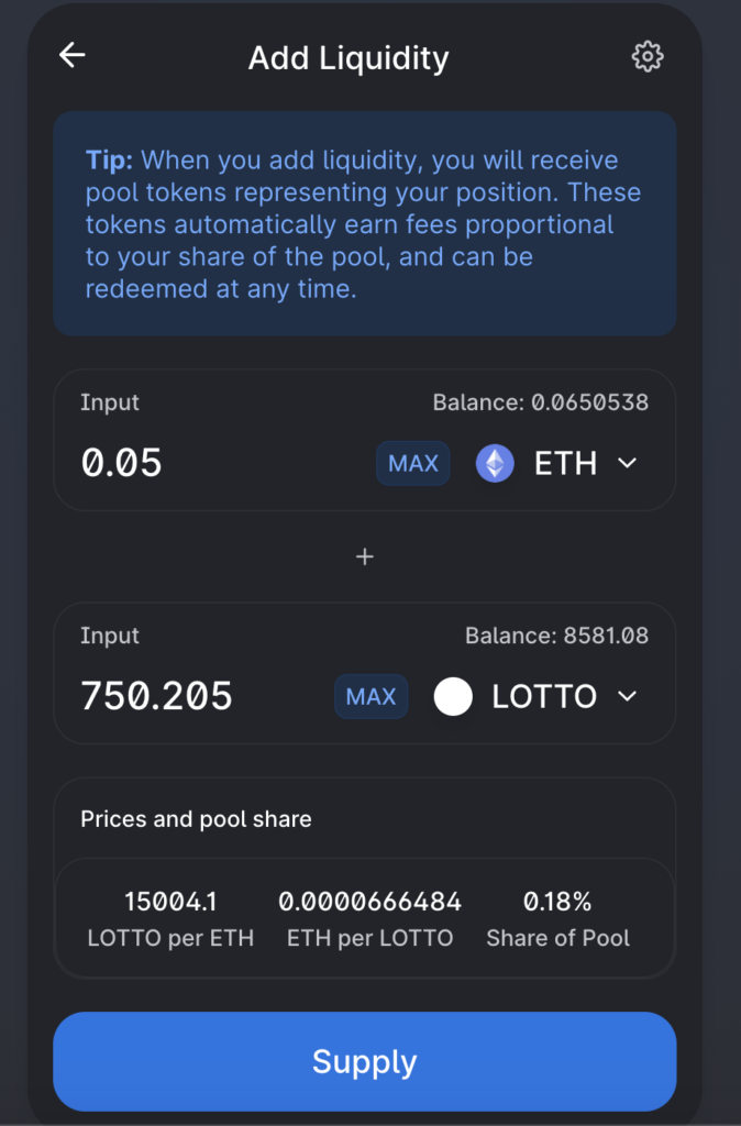 Adding Liquidity to ETH-LOTTO on Uniswap